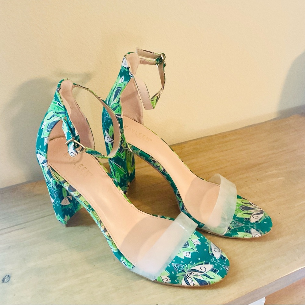 Chunky 3” Heel Green Patterned Clear Toe Strap Heels - NWOT Size 10